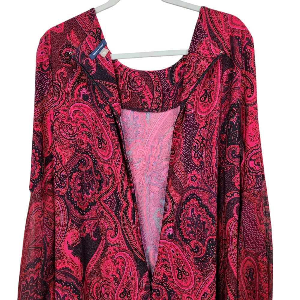 Tommy Hilfiger Red Paisley Floral Shift Dress Sheer Sleeves Women's Size 16